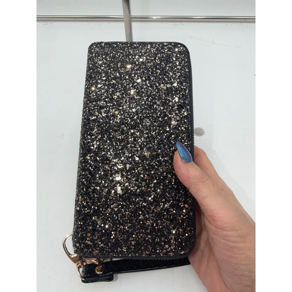 Sasha Handbags Black Gold Glitter Double Zip Wristlet Wallet Cell Phone Holder - Picture 2 of 8